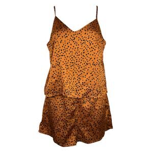 Crescent Silky Satin Pajama Cami Tank Shorts Set Loungewear Orange Black Small
